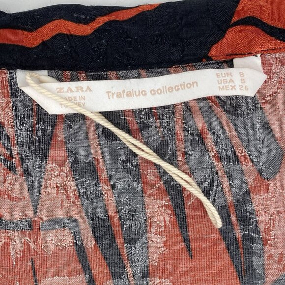 Zara Size Small Leaf Print Collar V-Neck Button Front Long Sleeve Blouse Satin - Picture 3 of 12